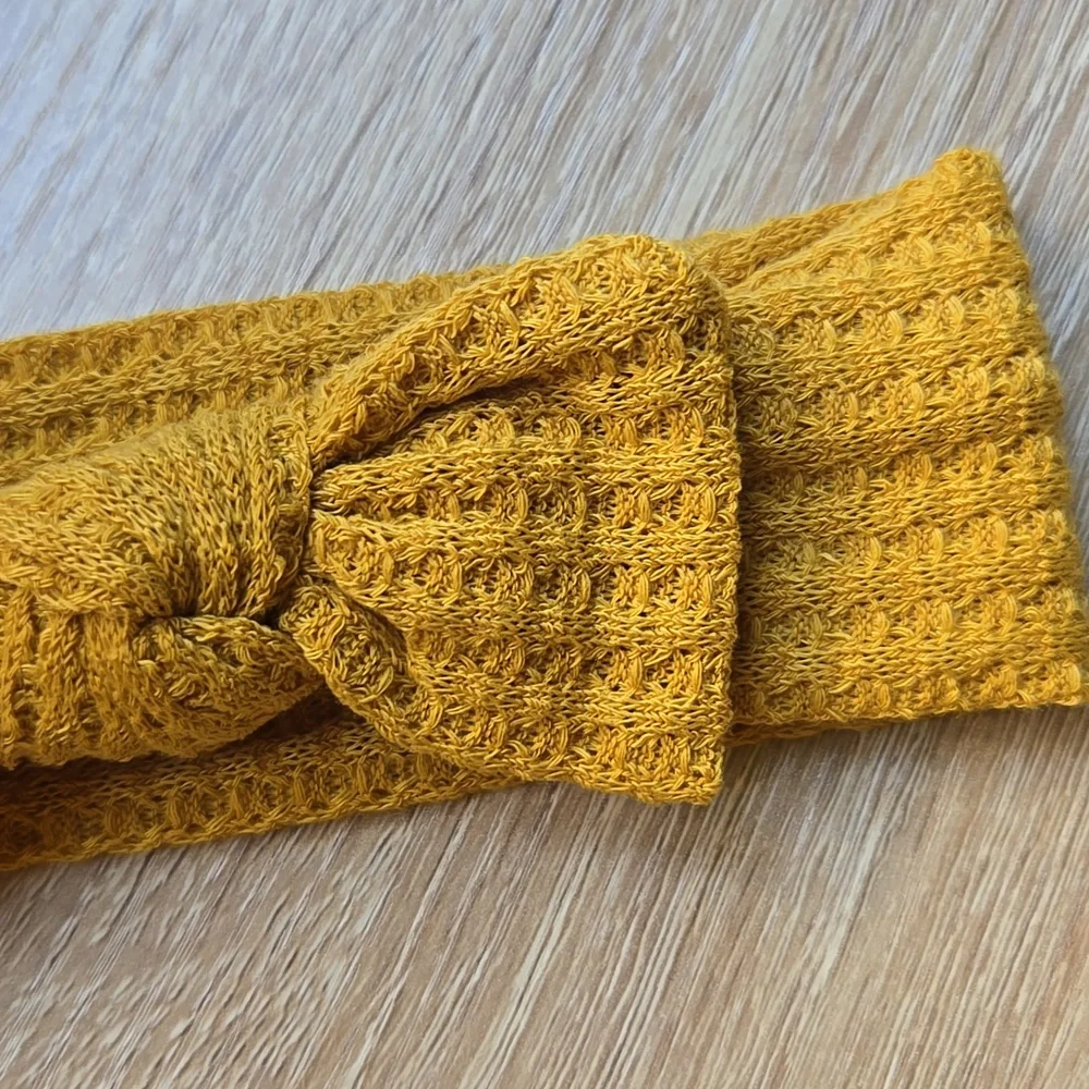 Mustard Yellow Waffle Knit Baby Girl Headband Soft Bow Headwrap Hair Accessory